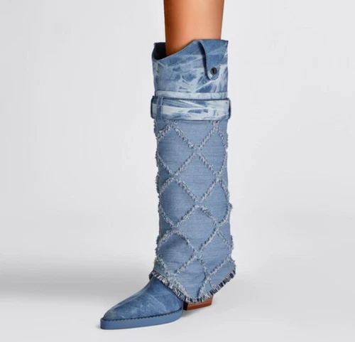 Mujeres Punta Punta Tacón Bloque Hasta la Rodilla Bota Denim Pantalones Bota Fiesta Borla Zapatos - Imagen 3 de 8
