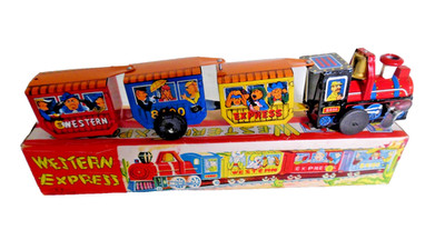 Vintage TT Japan Tin Litho Wind Up  Western Express  Zig-Zag Toy Train Works!