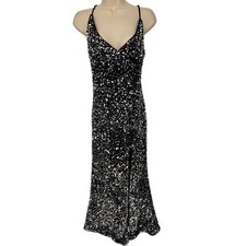 Lulus Velvet Silver Sequin Maxi Gown Black Thigh Slit Adjustable Straps Sz XL