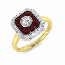 18ct Two-Tone Gold Natural Diamond & Ruby AA Art Deco Vintage Cluster Ring G SI2