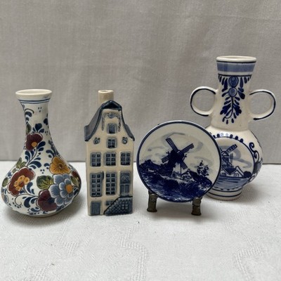 Vintage Delft Blue Collection KLM House Rynbende + Holland Delft Vase Plate Set