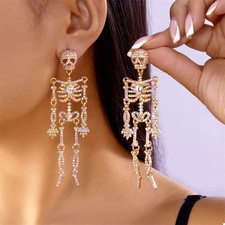 Halloween Skeleton Skull Crystal Dangle Earrings Women Gold-Tone Statement