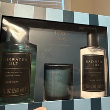Rainwater Lily Blue Checkered 3pc Gift Set: Candle, Hand Soap Lotion