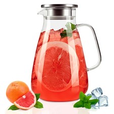 2 Liter 68 oz Glass Pitcher with Lid, Modern Design, Transparent, Leakproof, ...