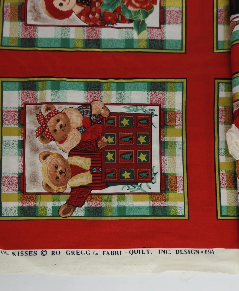 Vintage Christmas Fabric Mistletoe Kisses Teddy Bears Rag Dolls Plaid Quilt Pane - Image 2 of 4