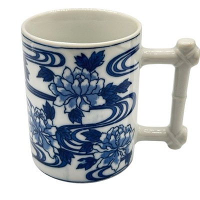Vandor Nancy Getz Blue & White Coffee Mug Bamboo Handles Japanese Lotus Vintage