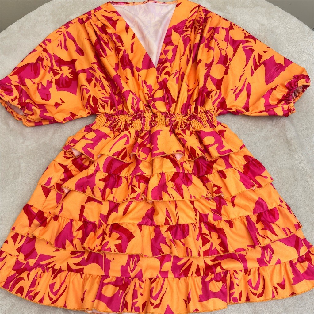 Womens Dress Size S Orange Pink Tropical V-Neck Smocked Tiered Ruffle NEW!