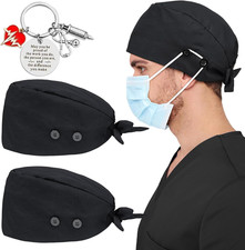 2 Pcs Satin Lined Scrub Cap Nurse Hats for Women Men 4 Buttons