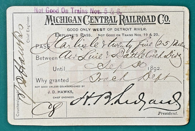 ANTIKER EISENBAHNPASS: 1892 MICHIGAN CENTRAL RAILROAD CO.