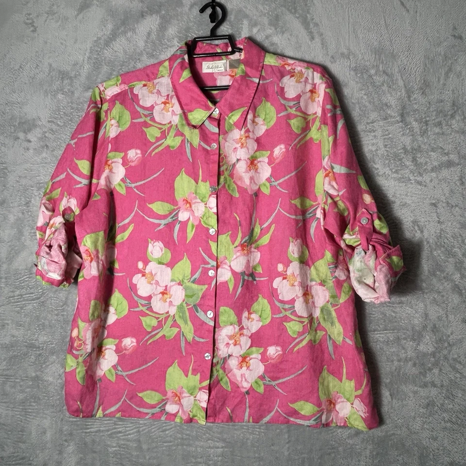 Studio Works Linen Shirt Womens 3X Floral Button Up Tunic Tropical Beach Mature - Image 3 of 4