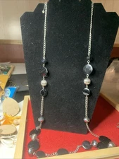 Snowflake Obsidian Black Necklace With Silver Chain And Silver Beads Glass Beads