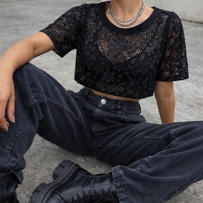 Love Culture Size S/M Boxy Floral Mesh Cropped Top Fairy Grunge Black Cute Goth