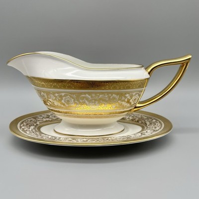 Minton England Porcelain Ball Heavy Gilt Gilded Gravy Boat & Underplate 8.75''
