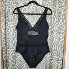 Contrast Mesh One Piece Swimsuit V Neck Black Size XL