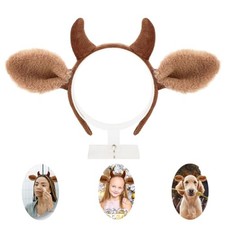 Brown Cow Ears Headband - Realistic Horns and Furry Fluffy Costume Brown 4