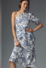 Farm Rio One Shoulder Eyelet Midi Dress Womens XSmall Blue Lined New