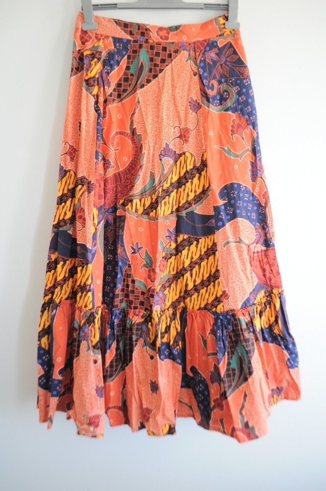 Natasha gan maxi Skirt Size 10 Orange Blue Floral Tiered 100% Cotton Boho