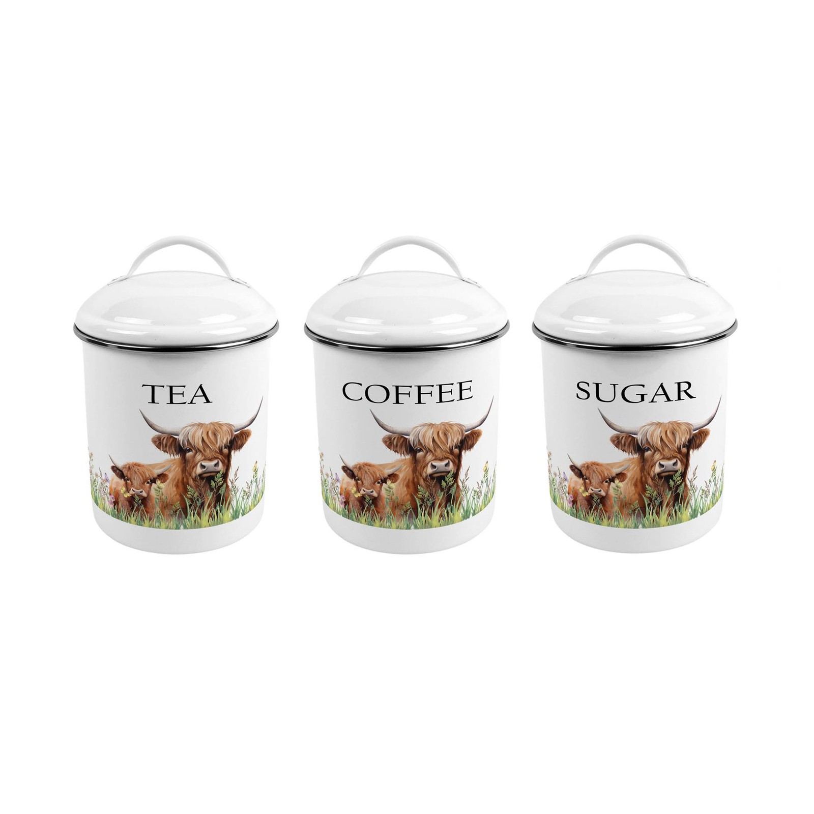 Highland Cow & Calf Metal Tea, Coffee & Sugar Canister Set - Stylish Caddy Gift