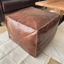 Genuine Leather Goat hide Square Ottoman Cover Footstool Pouffe Pouf