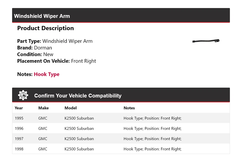 Brazo limpiaparabrisas delantero derecho 1996 para GMC K2500 Suburban Dorman 1995-1998 Foto 2 de 3