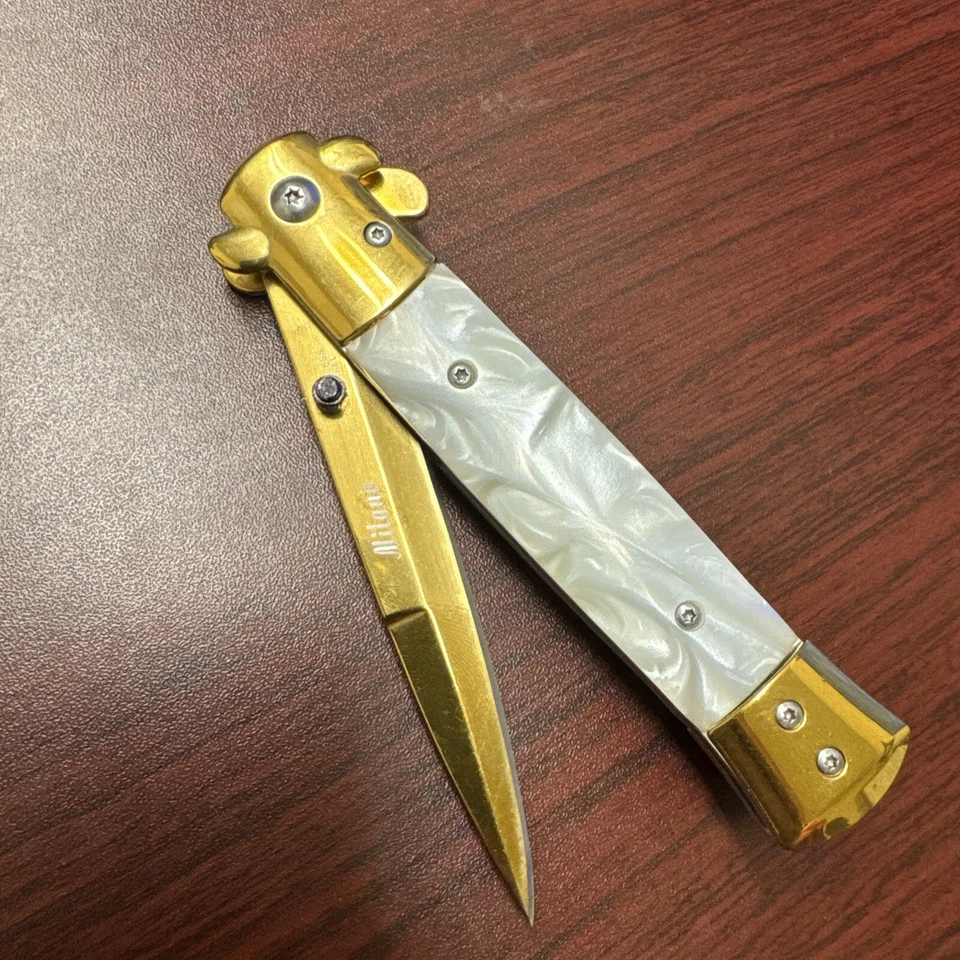 Faca de bolso tática EDC lâmina de abertura rápida pérola dourada 9" presente para férias - Imagem 2 de 4