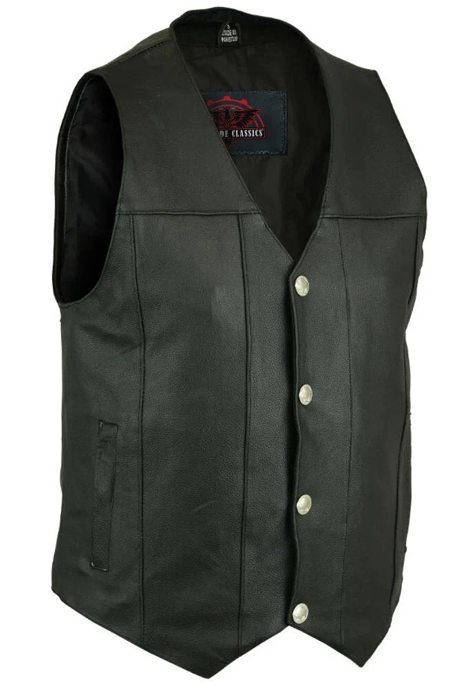 Mens Motorcycle Leather Vest Biker Vest w/ Plain Sides Design & Concealed Pocket