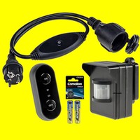 Funk-Bewegungsmelder-Set Zwischenstecker +Bwm+Wand-/Hand-Sender Wetterfest IP44
