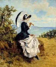 Oil painting Ricardo Diaque - by the sea young lady with parasol landscape art