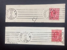 GB KEV11 1d REDS "CHELSEA" 1909 and 1910 POSTMARK CANCELS ON 2 SEPARATE PIECES