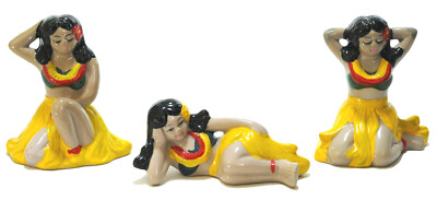 3-PIECE VINTAGE STYLE REPRODUCTION CERAMIC HULA GIRL FIGURE FIGURINE SET