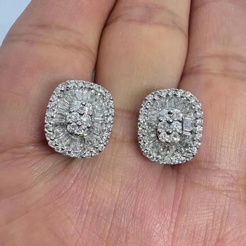 1.90Ct Baguette Moissanite Push Back Cluster Stud Earrings 14K White Gold Plated - Picture 5 of 6