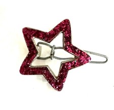 Vintage Silver Pink Glitter Metal Hair Barrette .75" STAR SHAPED