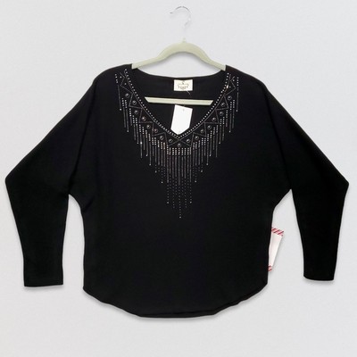 New EMBER Anthropologie Black Embellished Rhinestones Sweater Bling Womens S 