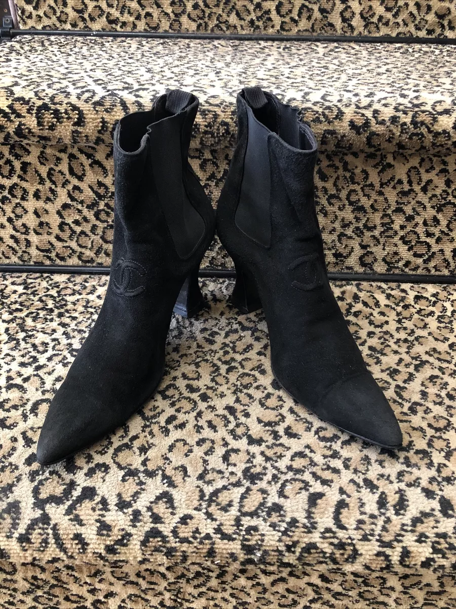Chanel black suede double C logo Victorian Chelsea ankle boots 36.5