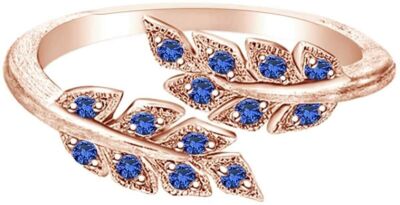 Simulated Blue Sapphire Leaf Style Wedding Engagement Ring 14KGold Plated