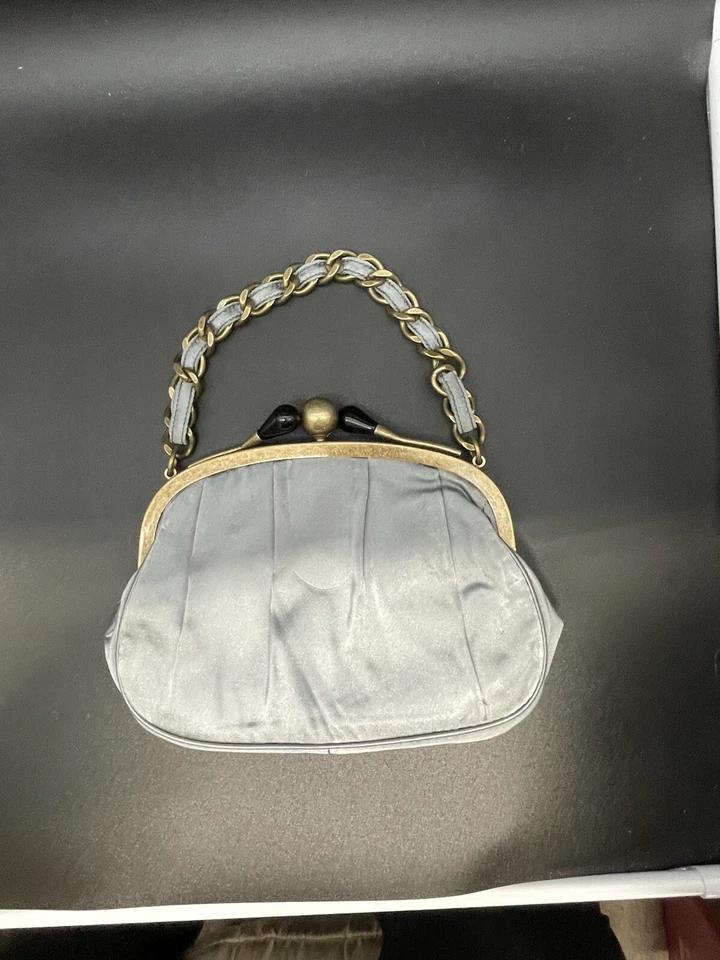 J Crew Blue Silk Evening Purse Clutch Chain Handle Kiss Lock 3 Section Flapper - Image 3 of 4