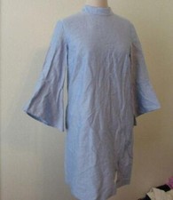 ZARA womens Sm blue chambray shift dress 3/4 bell sleeves high neck slit