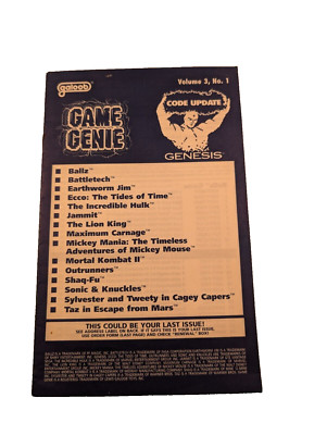 Game Genie für Sega Mega Drive / Genesis Cheat Codes Volume 3 No. 1