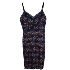 B Darlin Dress Womens Size 5 6 Navy Blue Lace Overlay Tan Fitted Bodice Party