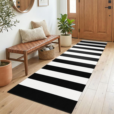 KOZYFLY Black and White Striped Runner Rug 2x6 Ft Washable Hallway Runner Rug