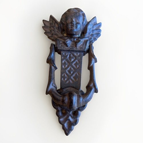 Rustic Cast Wrought Iron Guardian Angel Cherub Door Knocker 8”