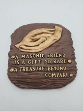 Vtg Freemason Chalkware Wall Plaque "A MASONIC Friend Is A Gift So Rare"