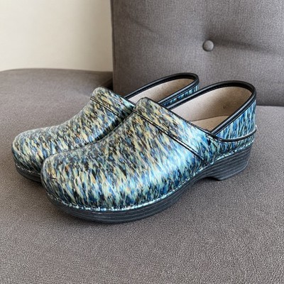 Dansko LT Pro Blue Dash Patent Leather Clogs EU 38 Nurse Comfort Work Shoes VGUC