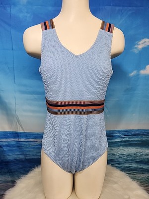 NWT Cupshe Womens One-Piece Swimsuit Size Large Ribbed Blue W Multicolor Band