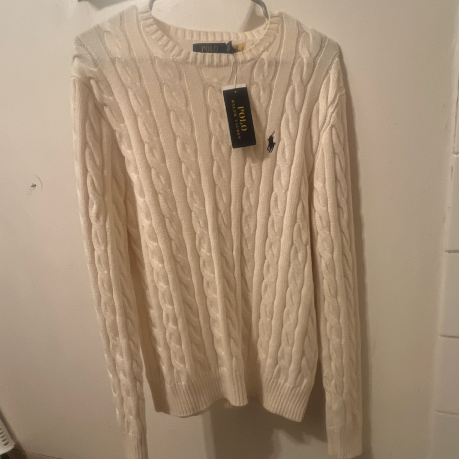Polo Ralph Lauren Cable-Knit Cotton Sweater Cream Crew Neck Long Sleeve Men's M