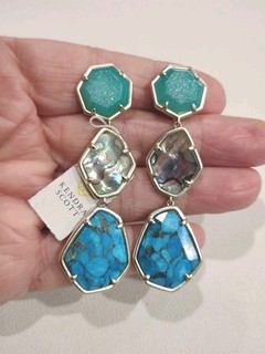 Kendra Scott NWT Nina Linear Dangle Abalone Turquoise Clip Earrings 2 3/4" I40