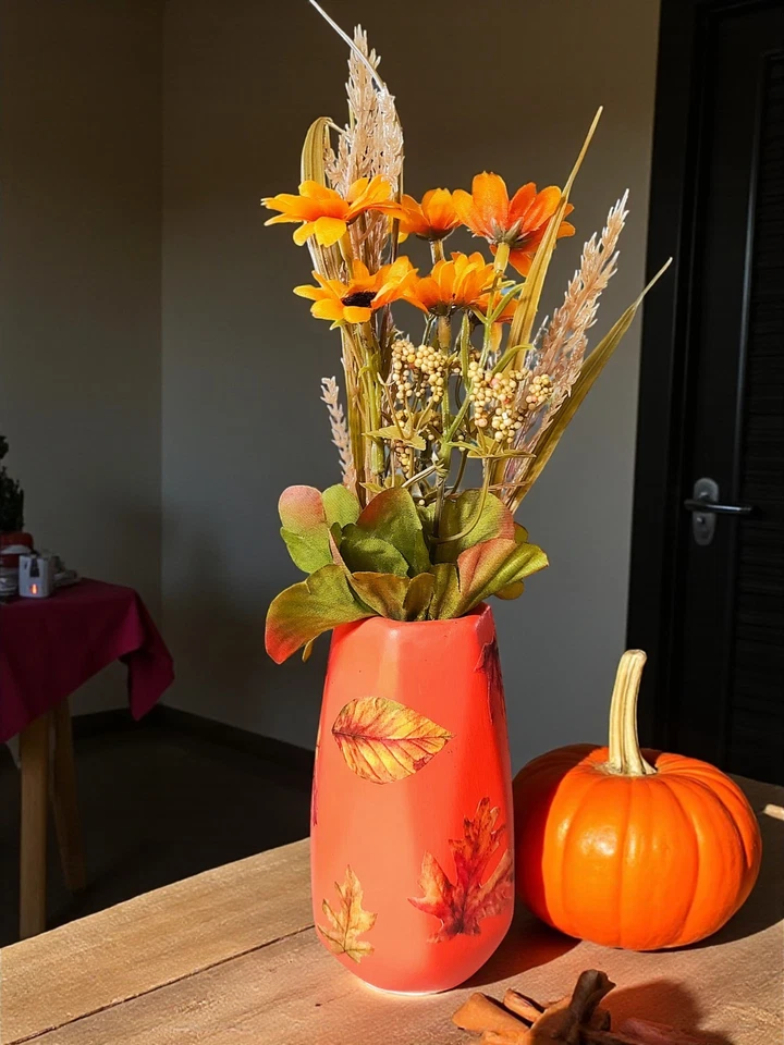 Small Cozy Orange Autumn Leaves Ceramic Flower Vase, Fall Decor - Image 3 of 4