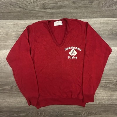 True Vintage 60s Sweater Mens Small Red V Neck Pirates Creslan/Rayon Made in USA