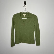 Simply Cashmere Sweater Womens Small Green Collared V Neck Pullover Buttons Knit