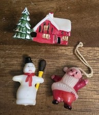 Vtg Plastic Mini Christmas Village House Chalet Cottage House Cabin Tree Winter+